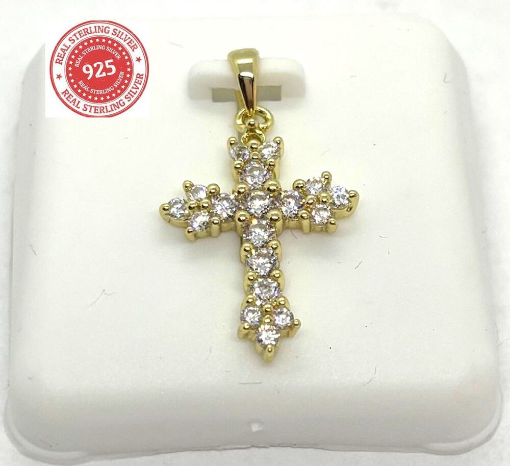 14K Yellow Gold over 925 Sterling Silver CZ Cross Necklace Pendant 1" 26mm